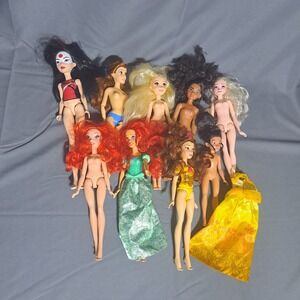 Disney Mattel DC Lot of 9 Fashion Dolls Raya Ariel Belle Elsa Moana Katana Doll